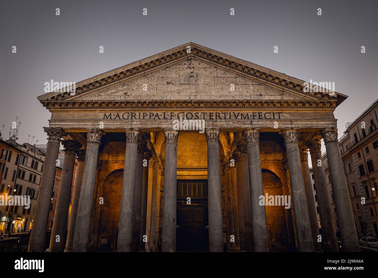 The Pantheon temple in the evening, ancient Roman temple (113 to 125 AD) in city of Rome, Lazio, Italy. Stock Photo