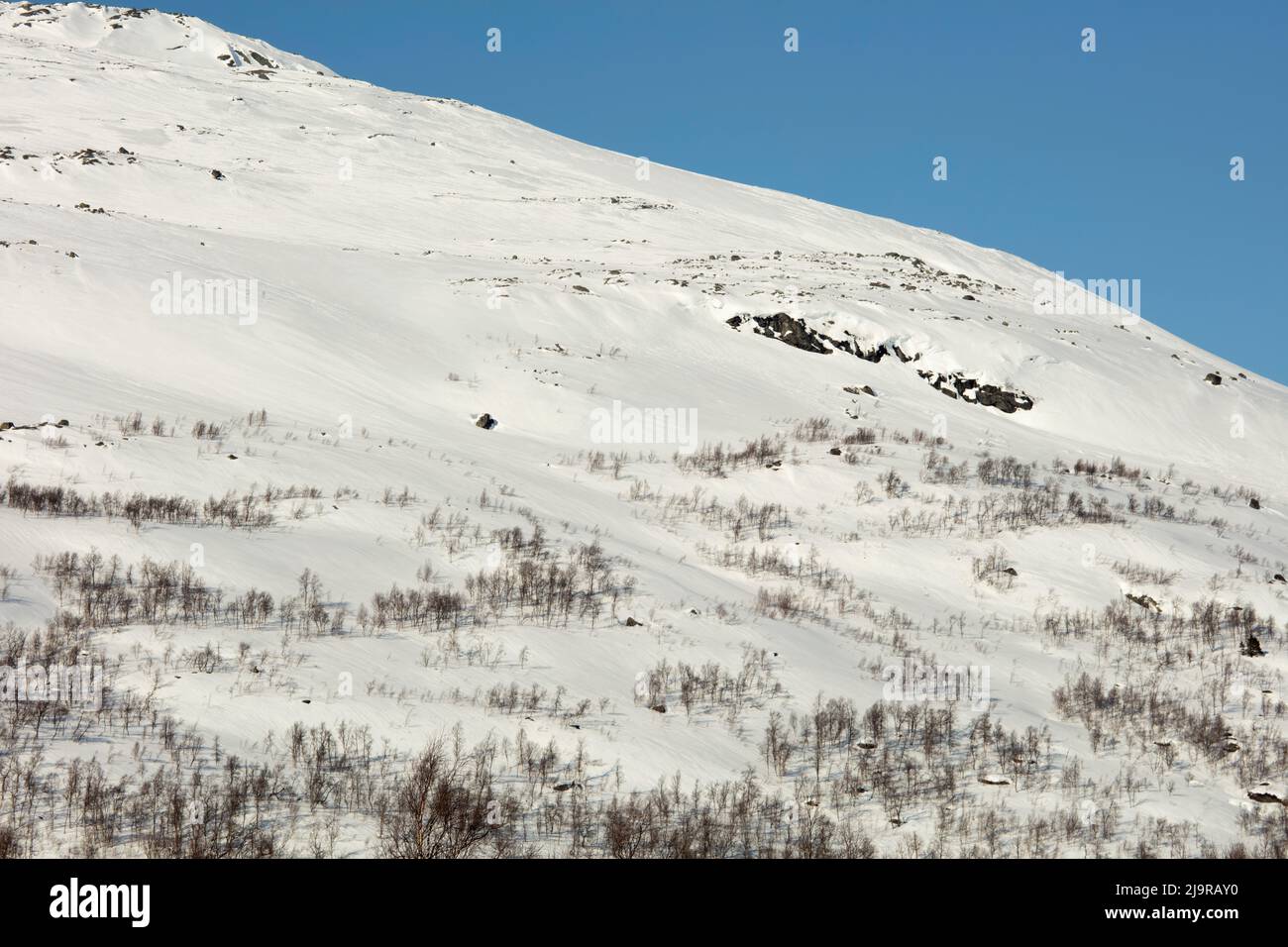 Scandinavian Mountains in March. Bright sunshine, thaw on the hillside