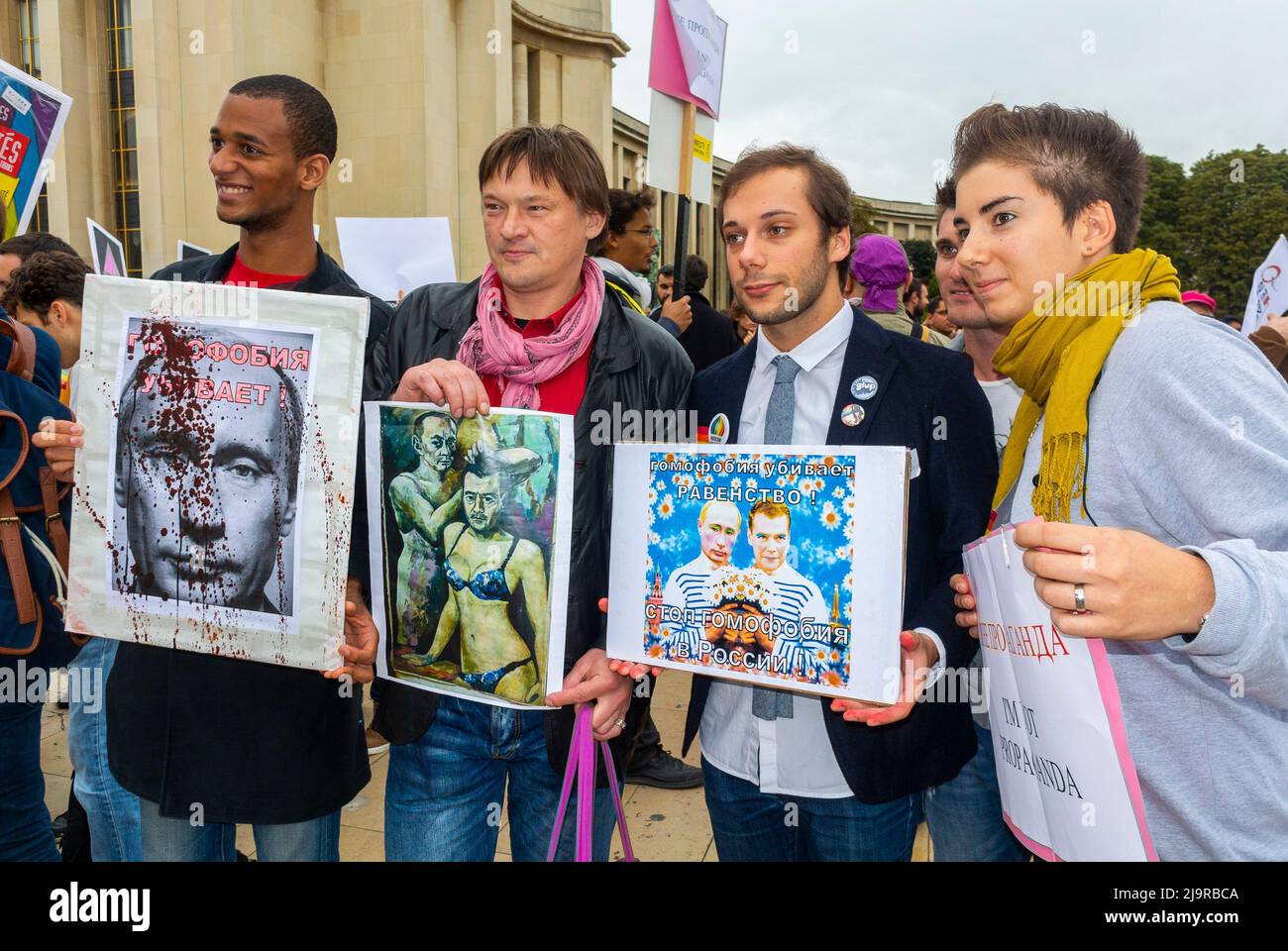 Paris, France, Group of LGBT Activists Holding Posters of Russian President Vladimir Putin, at N.G.O., Protest Against Homophobia in Russia, Demonstration, putin image Stock Photo