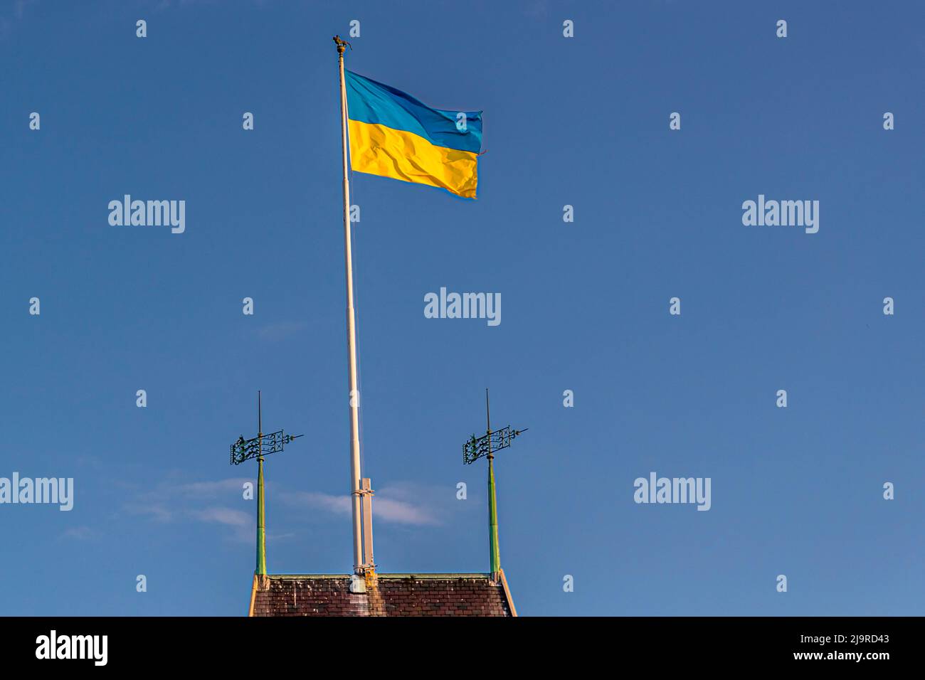 Ukrainian flag in the port of Aarhus, Denmark Stock Photo