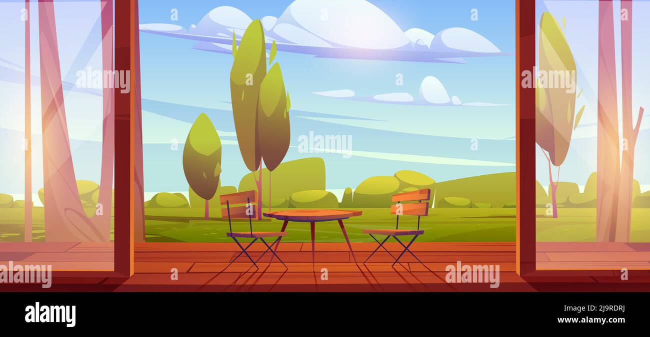House terrace with chairs, table and glass doors. Vector cartoon illustration of summer garden or backyard landscape with green grass, trees and empty cottage veranda with wooden floor Stock Vector