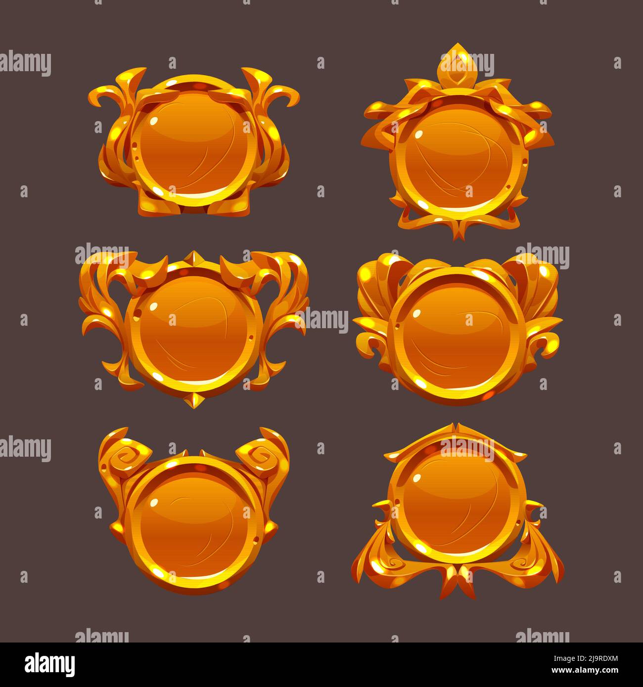 Golden game buttons, achievement badges with fantasy frames. Vector set ...