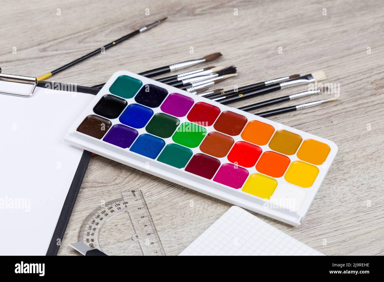 school supplies with pencils, paint pens paper scissors and rulers