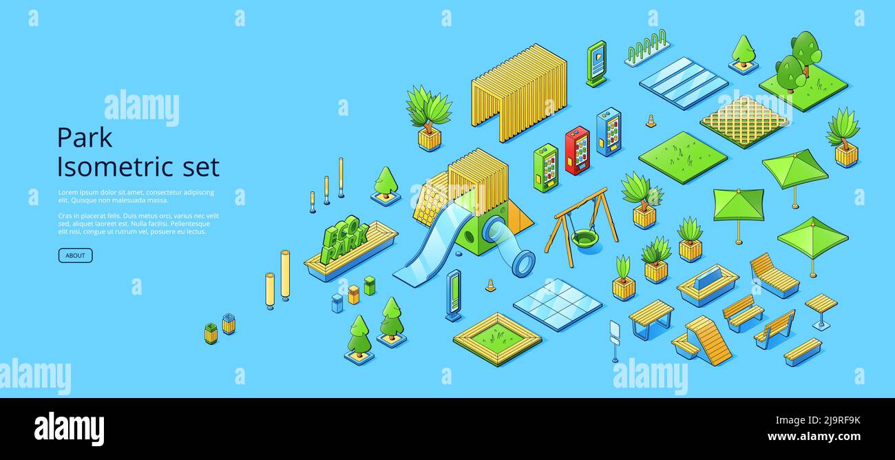 Park isometric set with green trees, grass, plants, wooden benches and ...