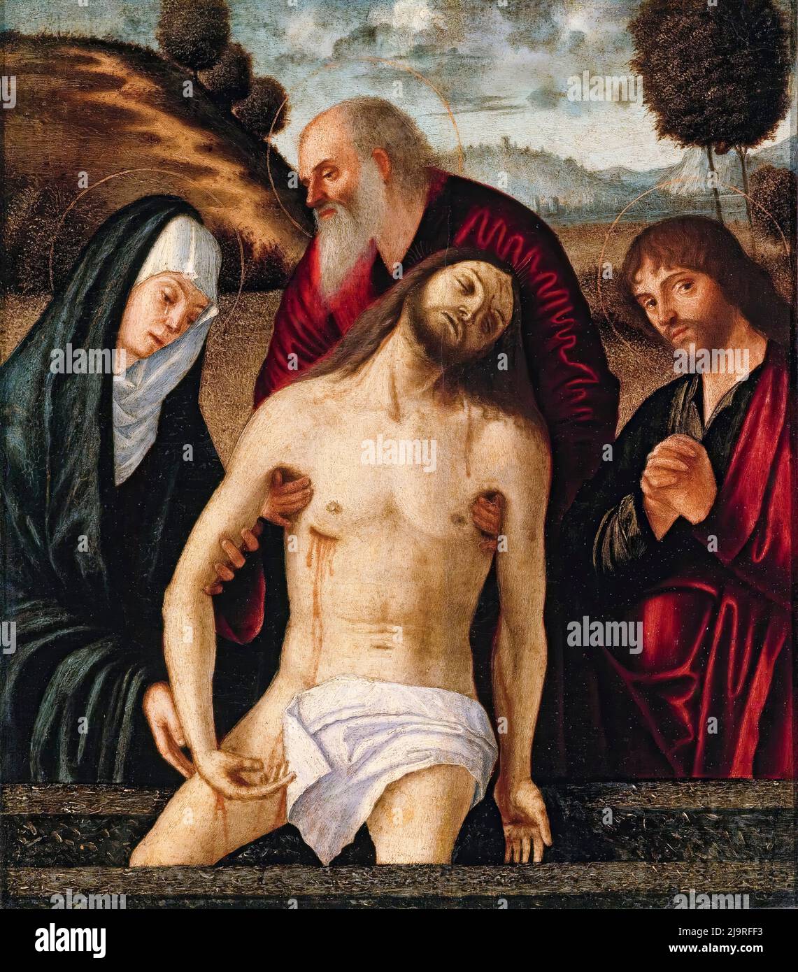 The Lamentation with the Madonna and Saints Joseph of Arimathea and John the Evangelist, painting in oil on panel by Vittore Carpaccio, 1508-1511 Stock Photo