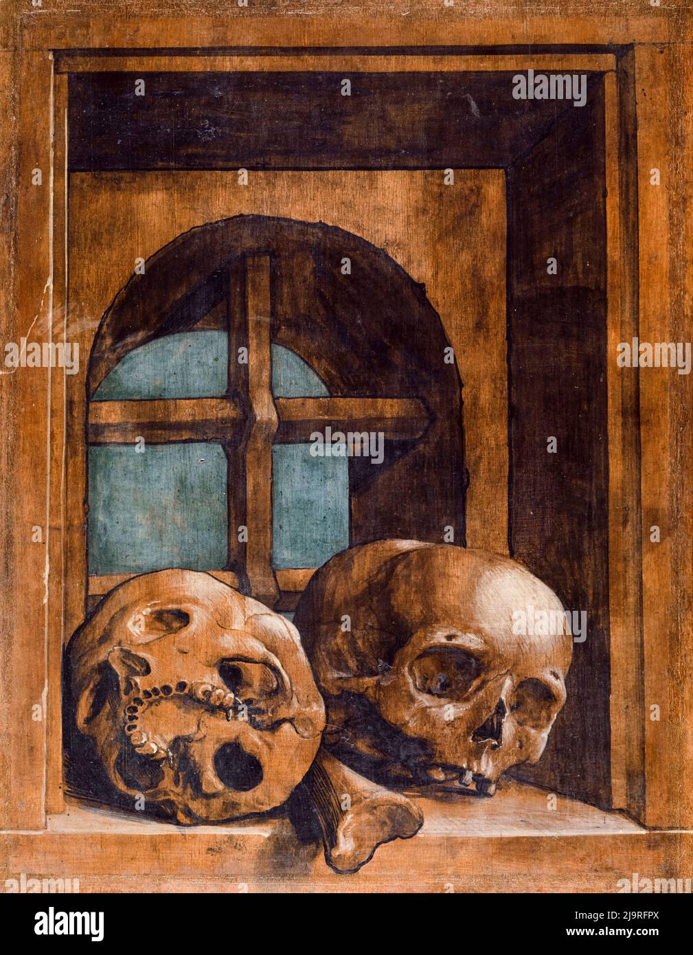 Hans Holbein the Younger, Two Skulls in a Window Niche, painting in Oil on limewood, circa 1520 Stock Photo