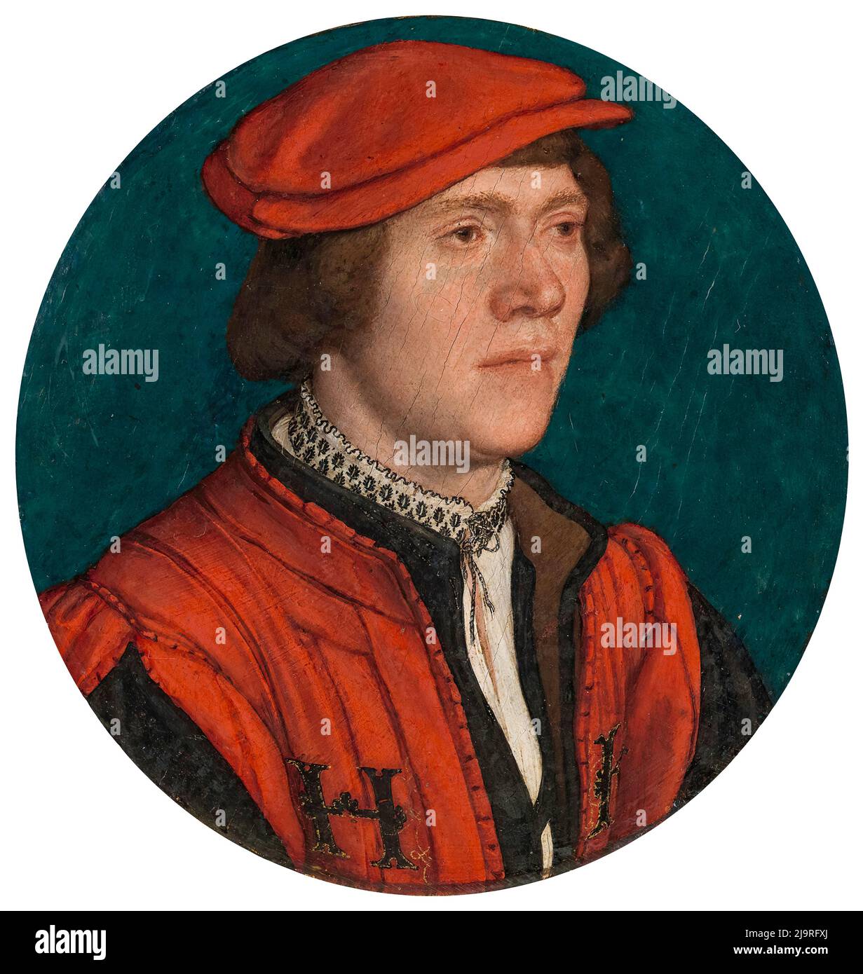 Hans Holbein the Younger, Portrait of a Man in a Red Cap, painting in oil on parchment mounted on linden wood, 1532-1535 Stock Photo