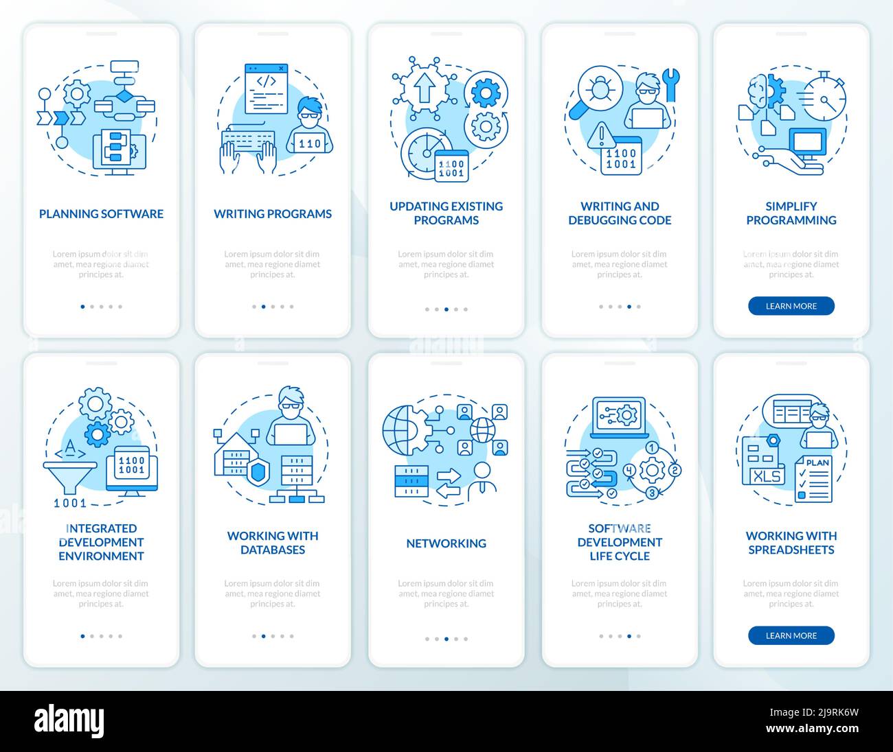 Professional programmer skills blue onboarding mobile app screen set Stock Vector