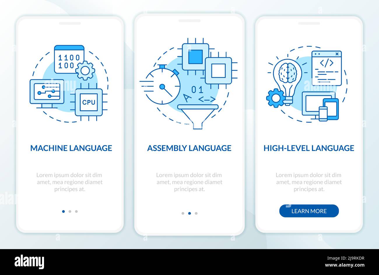 Types of computer languages blue onboarding mobile app screen Stock ...