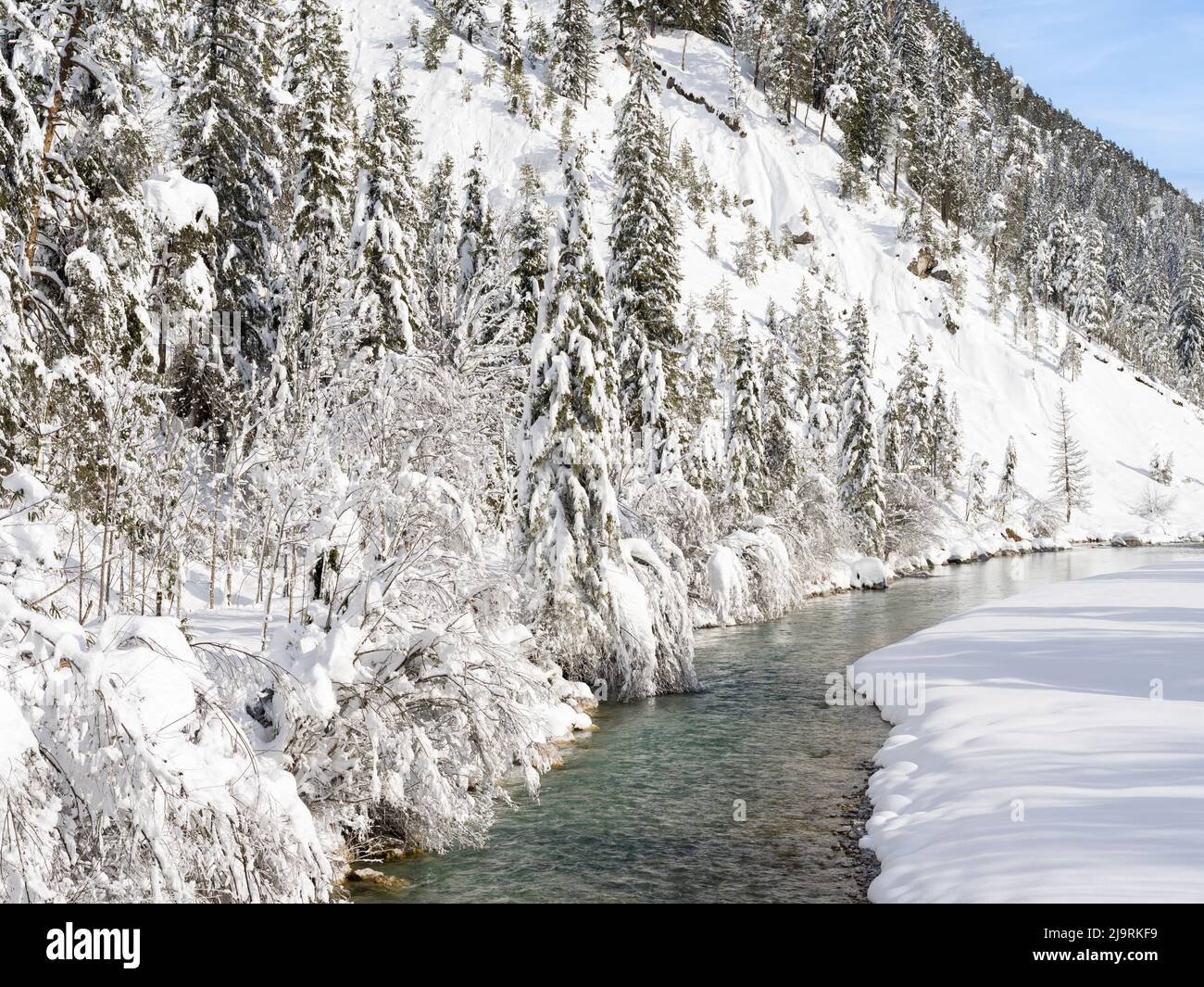 River Isar near village Vorderriss during winter. Germany, Bavaria Stock Photo