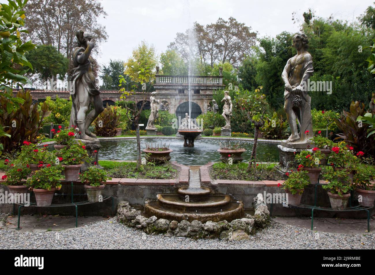 Italy, Tuscany, Lucca. Fountain with statues in the baroque garden