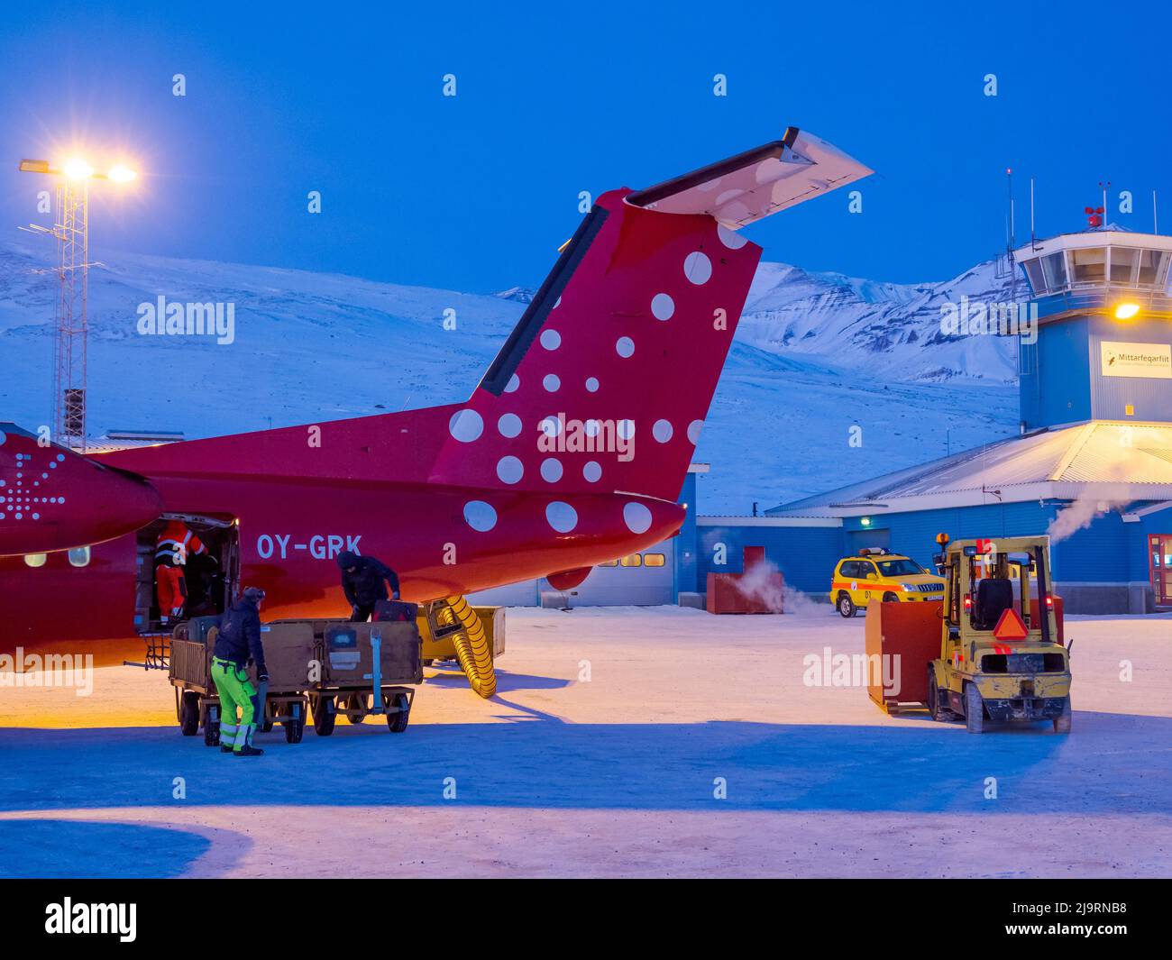 Air Greenland Dash 7. Qaarsut airport near Uummannaq during winter in