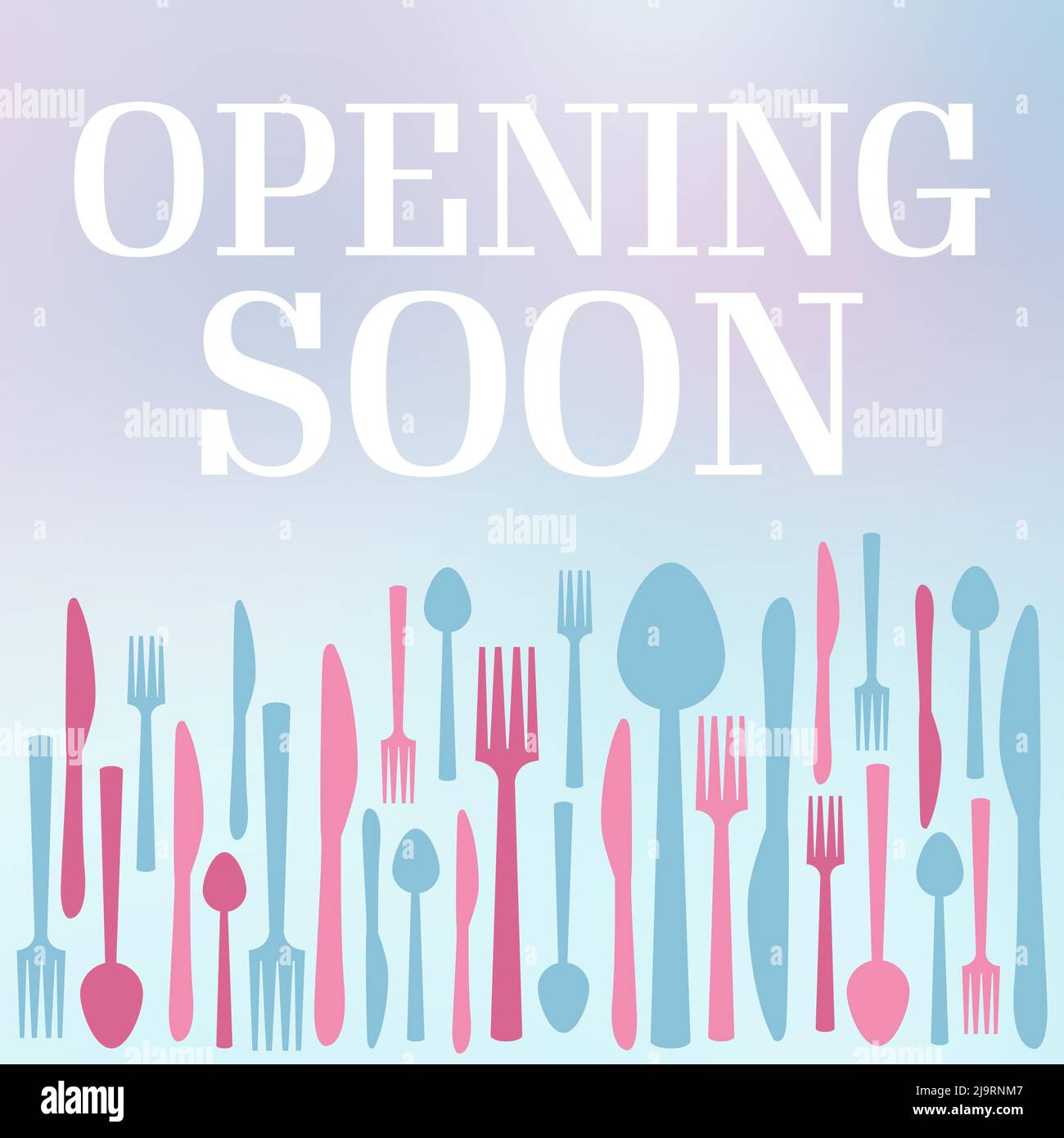 Opening Soon Pink Blue Gradient Spoon Fork Knife Text Square Stock Photo