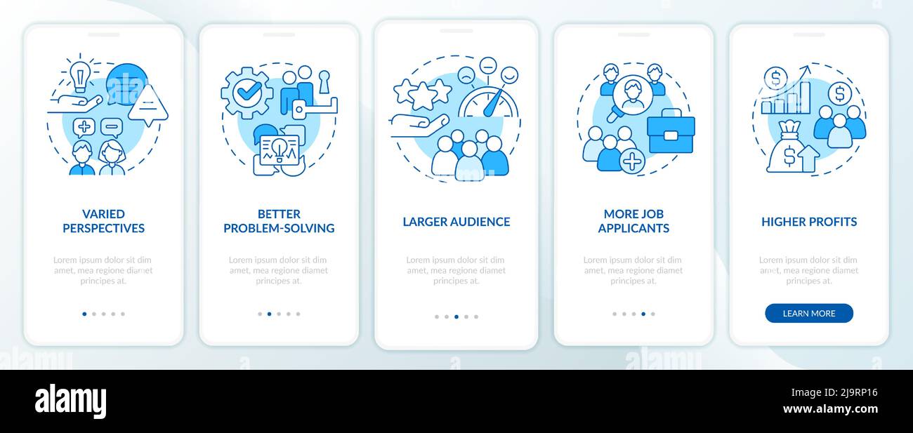 Workplace diversity advantages blue onboarding mobile app screen Stock ...