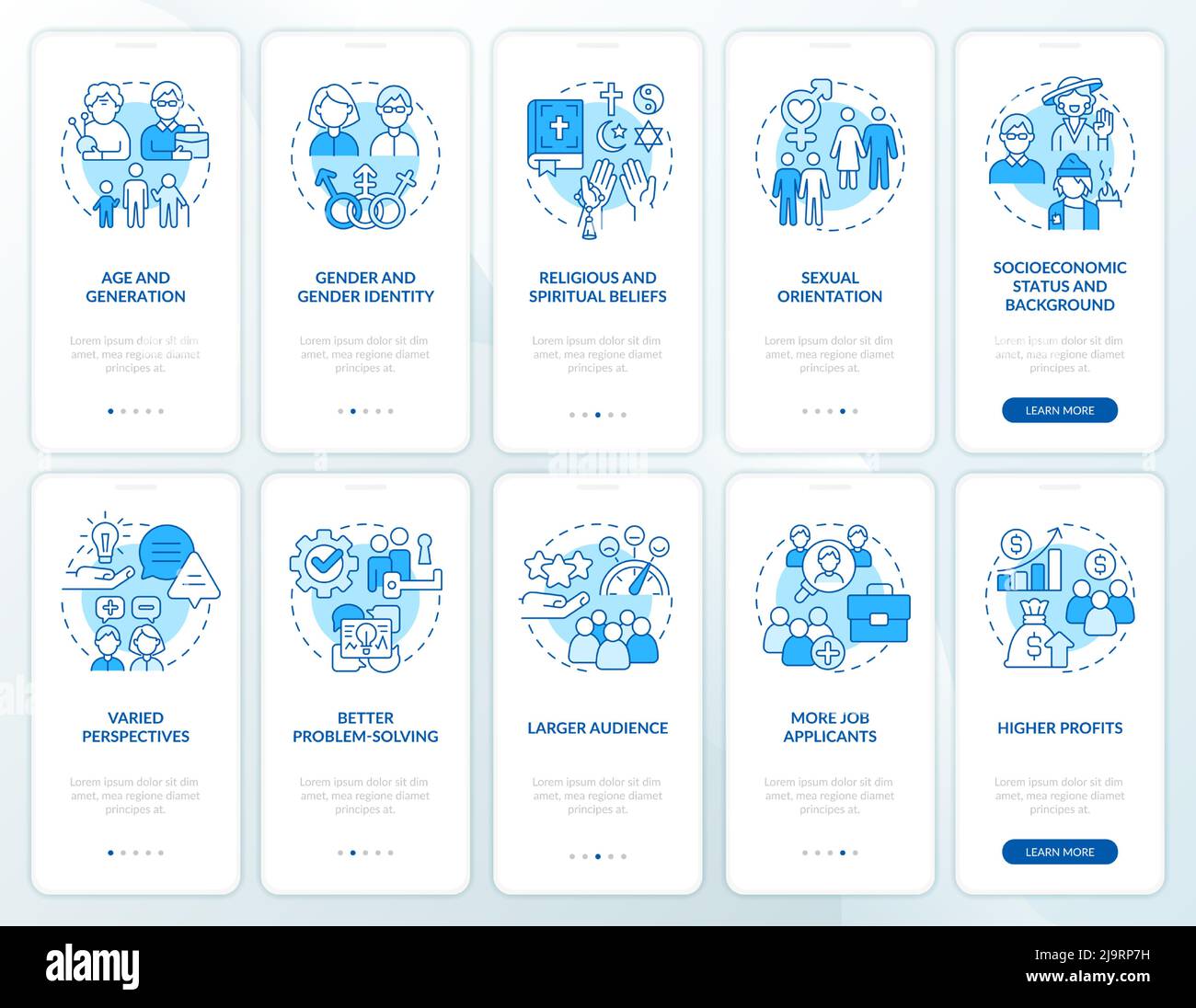 Diversity and inclusion blue onboarding mobile app screen set Stock ...