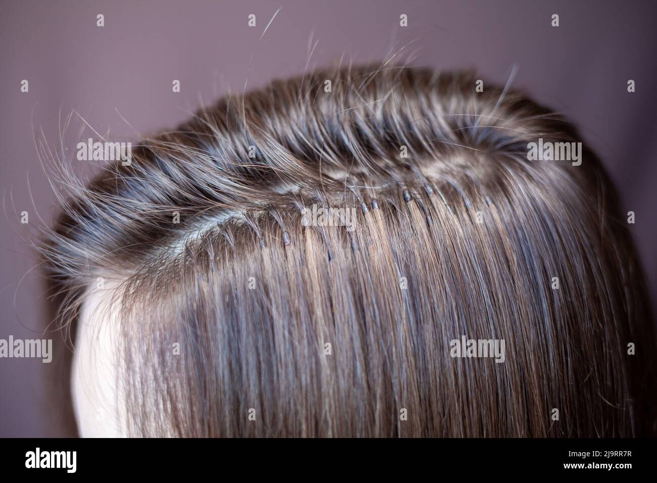 Bundles of hair extensions on a woman's head. Hair extensions to