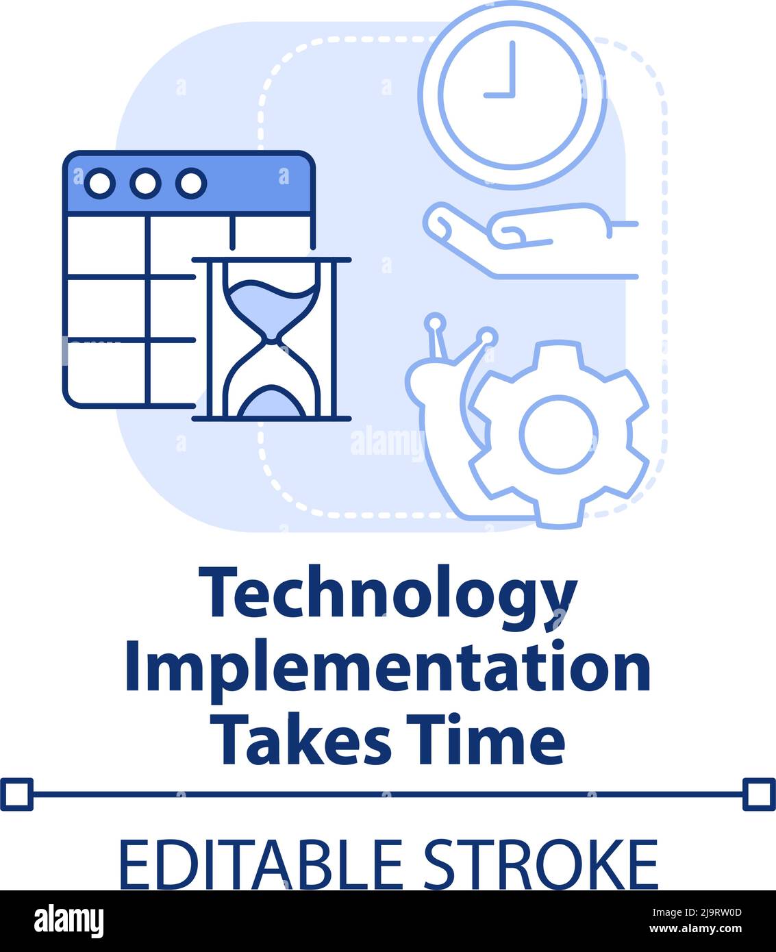 Technology implementation takes time light blue concept icon Stock Vector