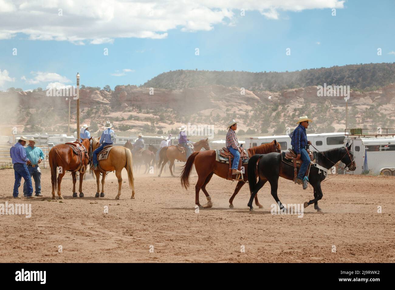 Window Rock, Arizona, USA. Navajo Nation Fair. Men on horses