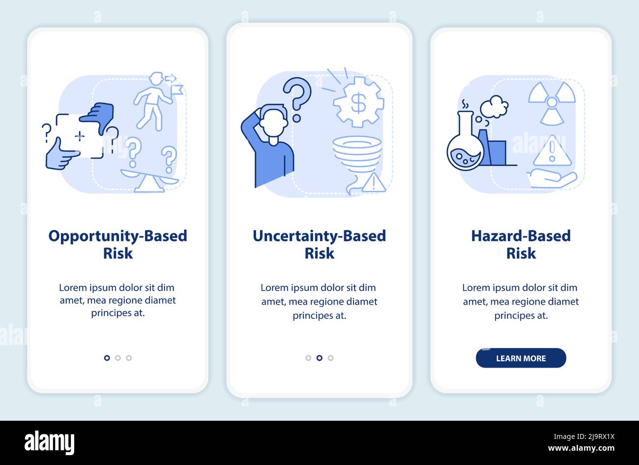 Risks types light blue onboarding mobile app screen Stock Vector