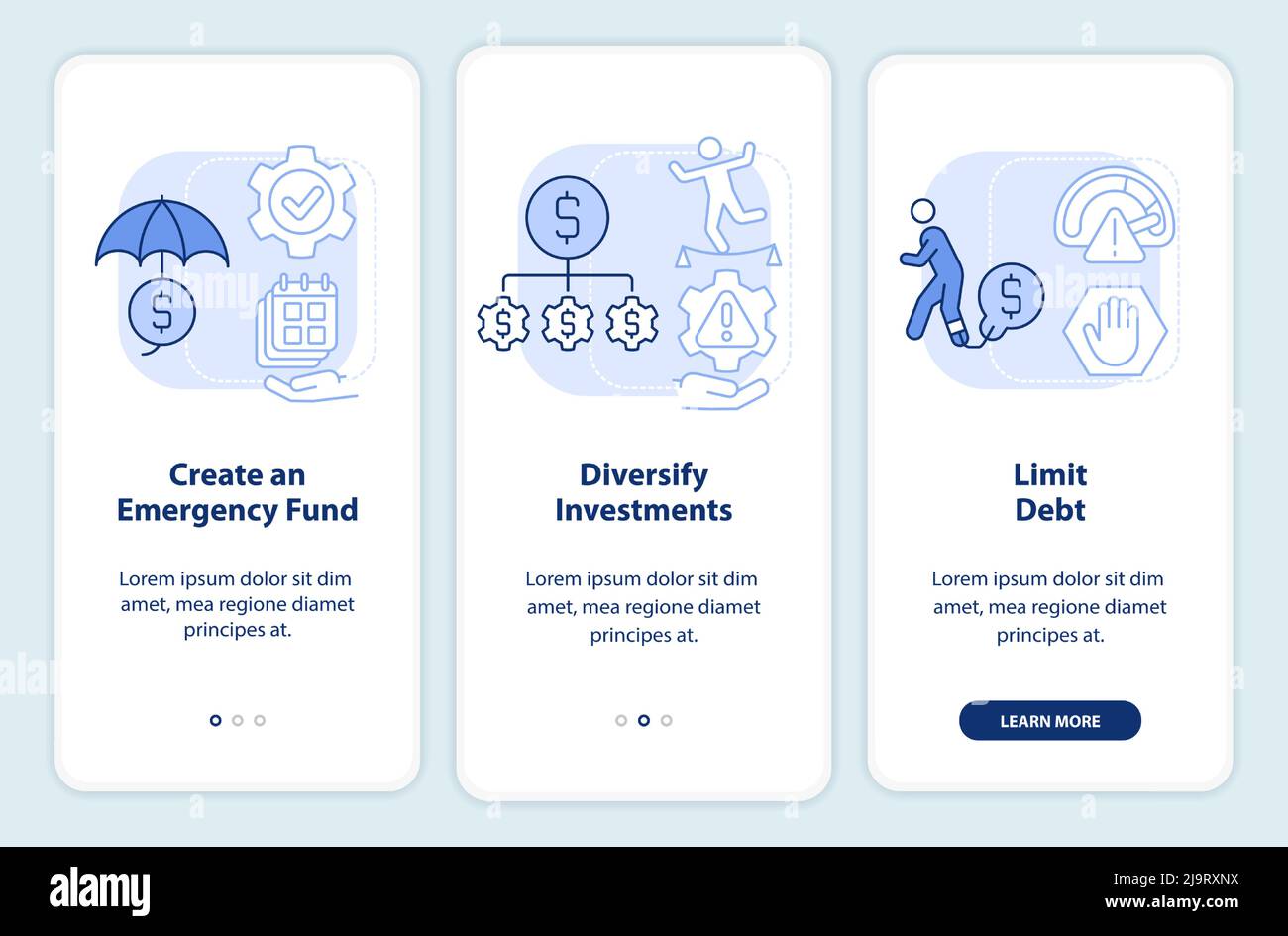 Steps to risk management light blue onboarding mobile app screen Stock ...