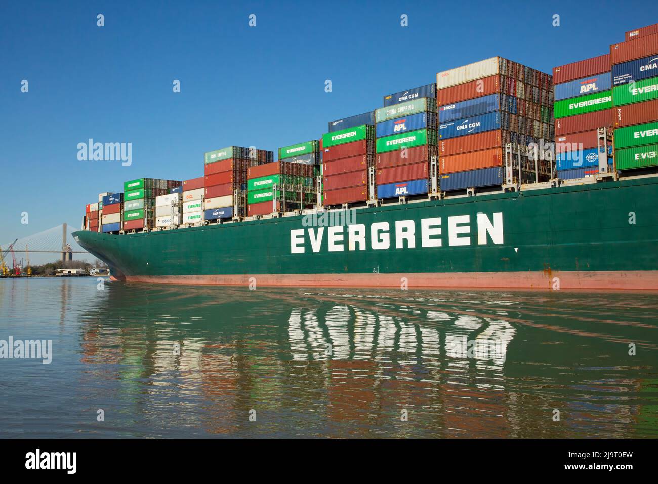 USA, Georgia, Savannah. Container ship entering Savannah Harbor ...