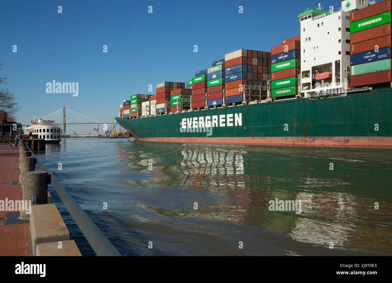 USA, Georgia, Savannah. Container ship entering Savannah Harbor ...