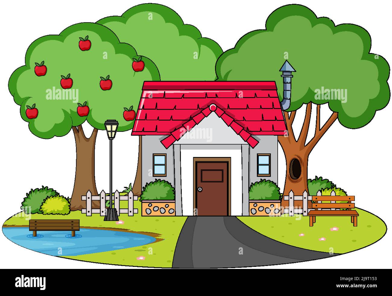 House with many trees and little pond illustration Stock Vector Image ...
