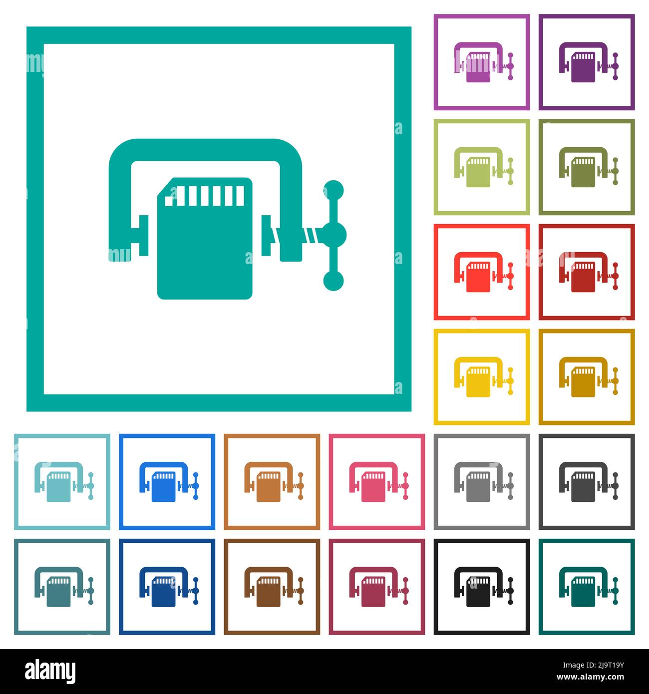 SD memory card compress solid flat color icons with quadrant frames on white background Stock Vector