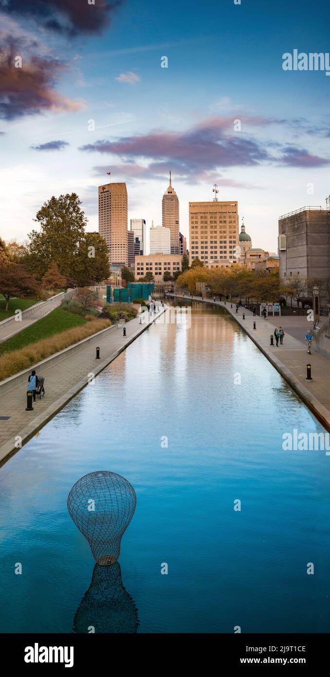 Canal with downtown view, White River State Park, Indianapolis, Indiana, USA. Stock Photo