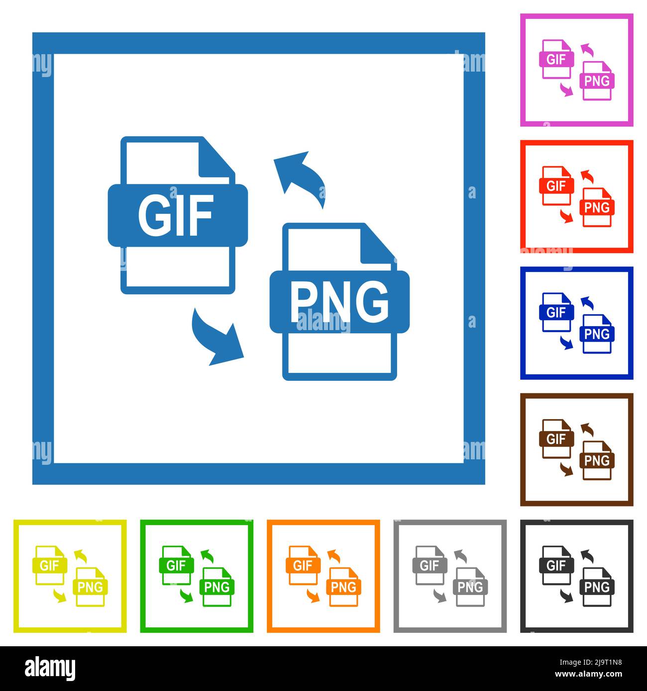 GIF PNG file conversion flat color icons in square frames on white ...