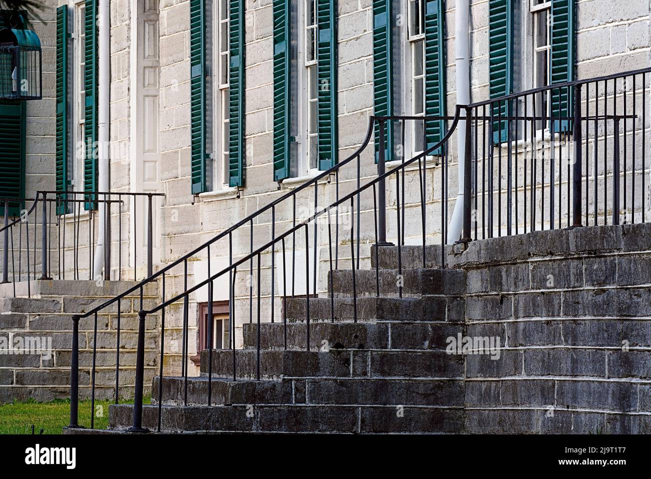 Stairs and handrails, Shaker Village of Pleasant Hill, Harrodsburg, Kentucky Stock Photo