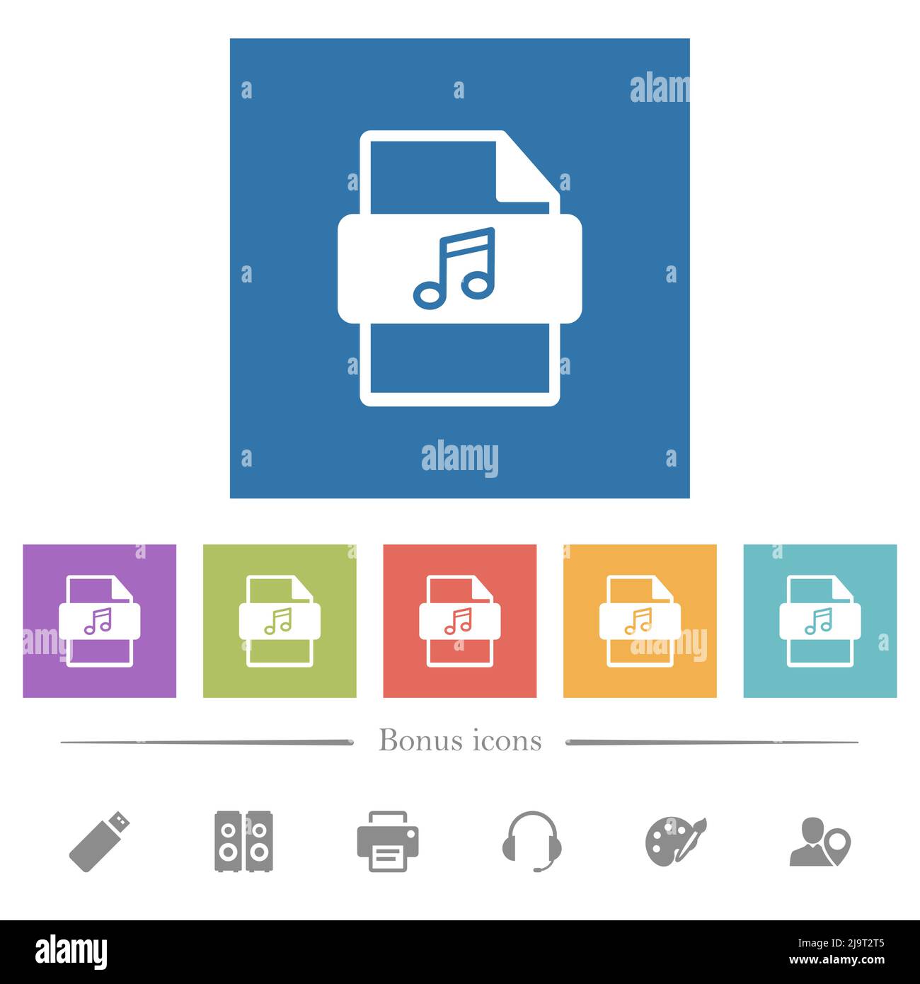 Music file type flat white icons in square backgrounds. 6 bonus icons