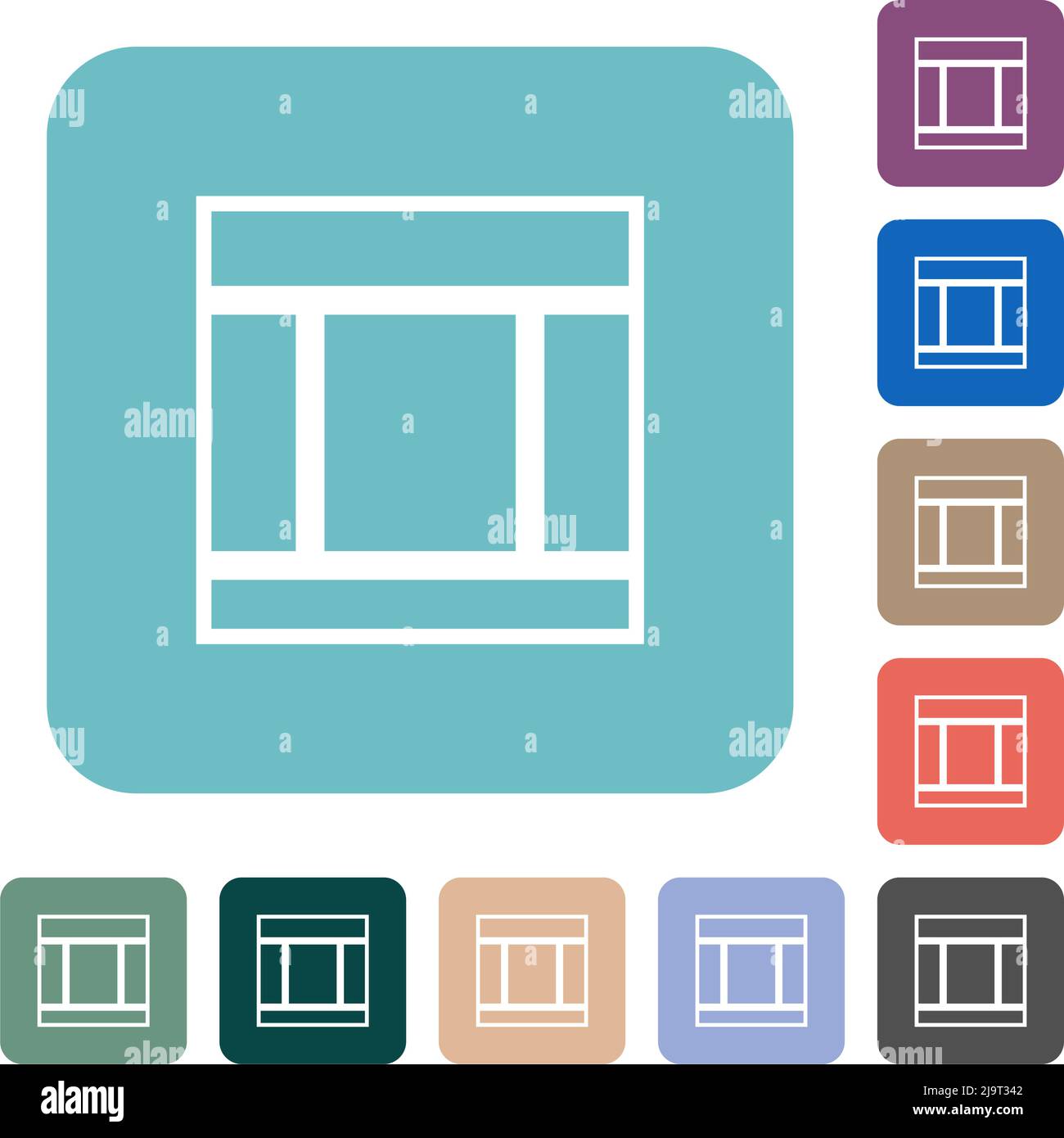 Three columned web layout outline white flat icons on color rounded ...