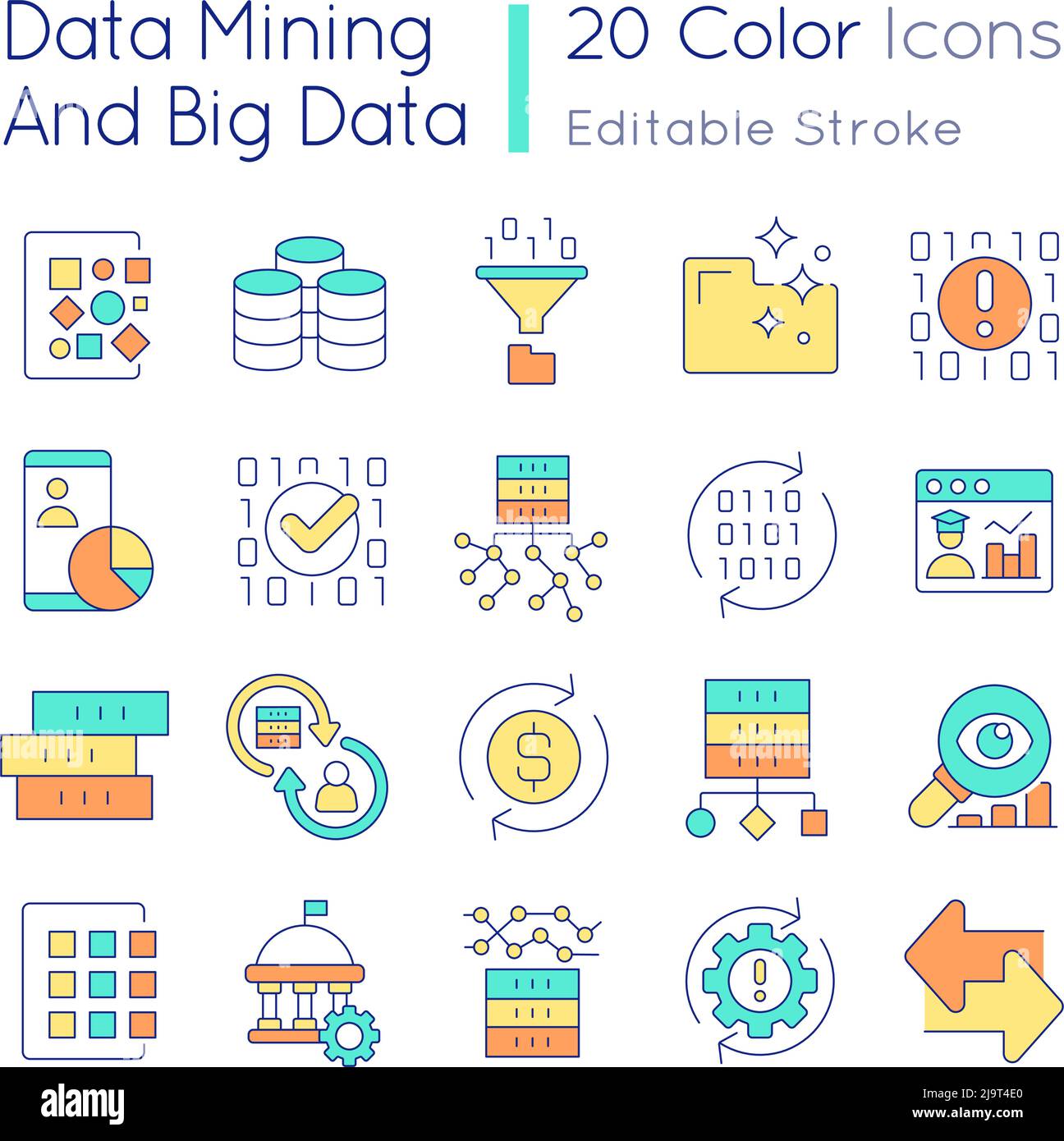 Data mining and big data RGB color icons set Stock Vector