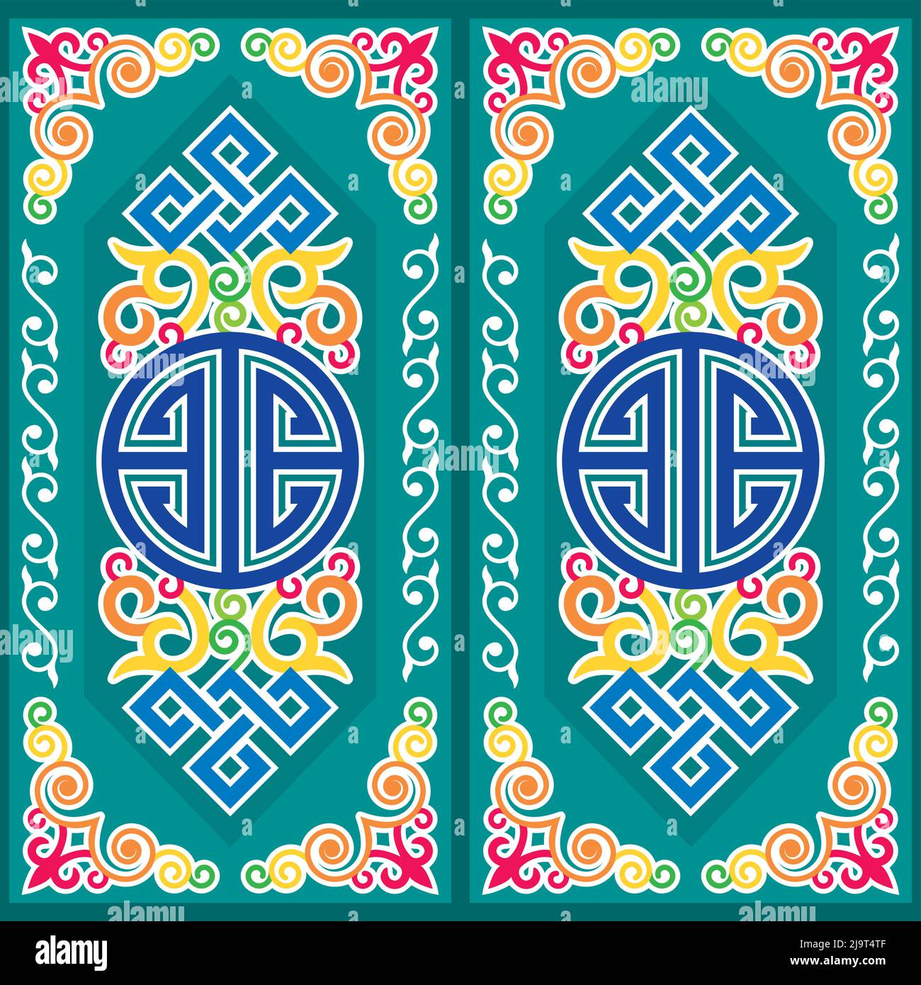 Oriental vector seamless pattern inspired by folk art from Monogolia and Central Asia with swilrs and celtic motif Stock Vector