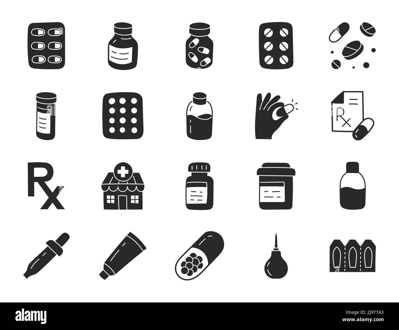 Pharmacy doodle illustration including flat icons - pills bottle, tablets blister, capsules, vitamin, cough syrup, contraceptives and supplements Stock Vector