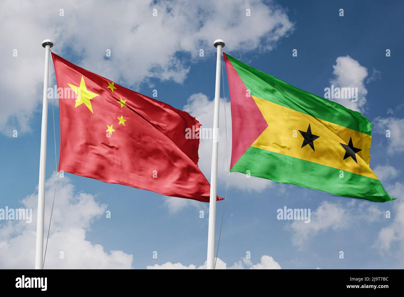 China and Sao Tome and Principe two flags on flagpoles and blue cloudy sky background Stock Photo