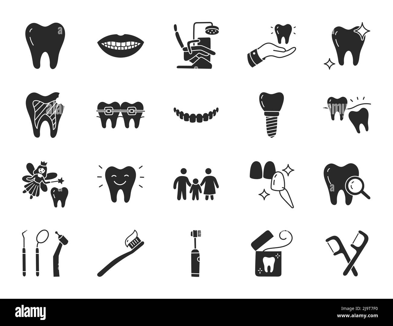 Dental clinic doodle illustration including flat icons - wisdom tooth, veneer, teeth whitening, braces, implant, toothbrush, caries, floss, mouth Stock Vector