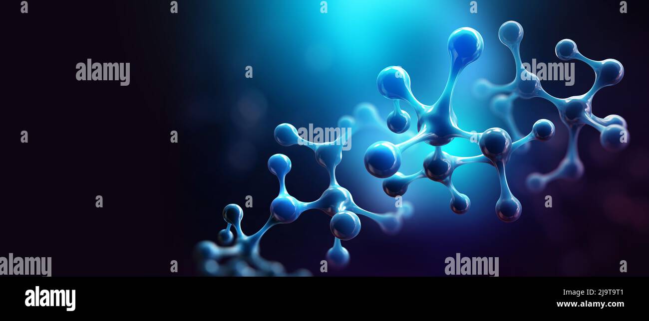Molecule 3D illustration. Crystal lattice under a microscope. Cellular therapies. Laboratory experiments and research. Nanostructures in high-tech Stock Photo