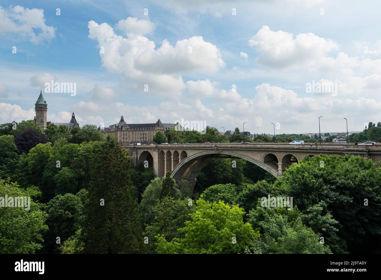 Luxembourg city, May 2022. Panoramic view of the Adolphe bridge in the city center Stock Photo