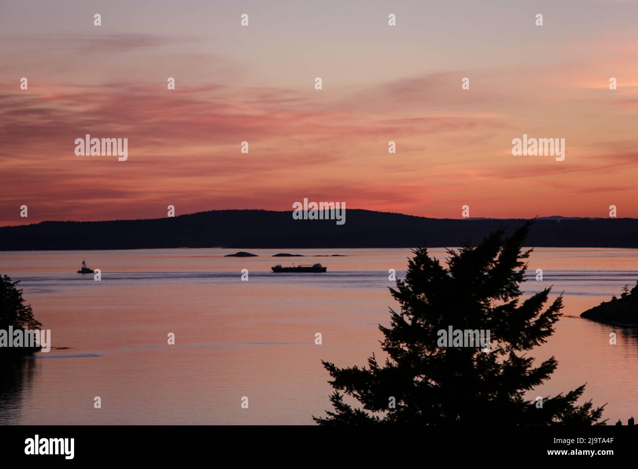 Anacortes, Washington State, USA. Tug boat and container ship Stock