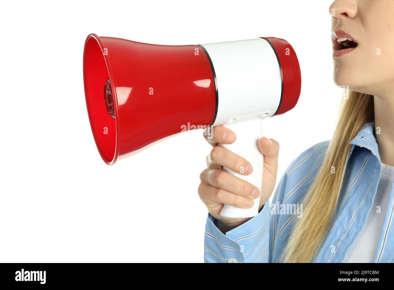 Woman with megaphone isolated on white background Stock Photo