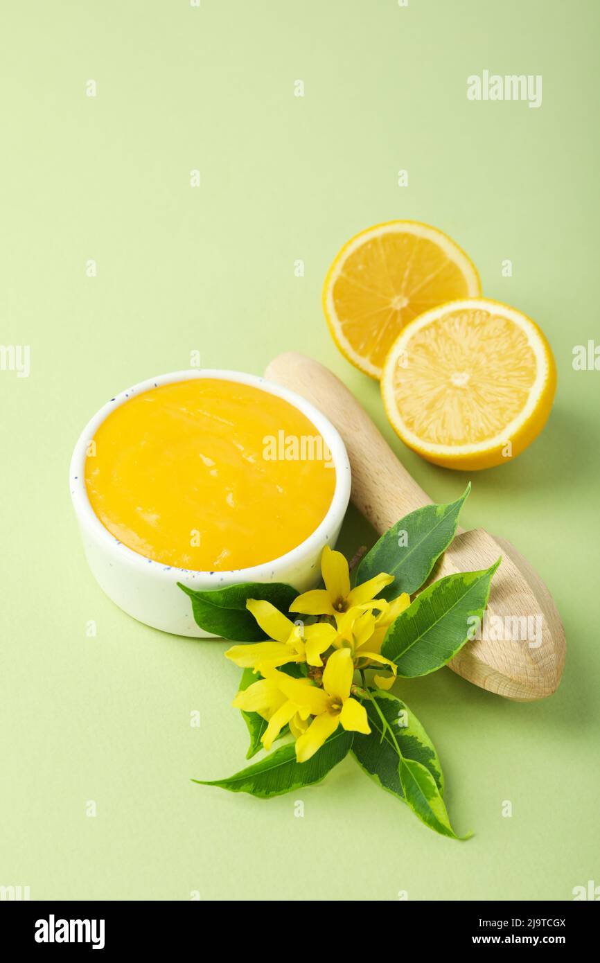 Concept of tasty food with lemon curd Stock Photo
