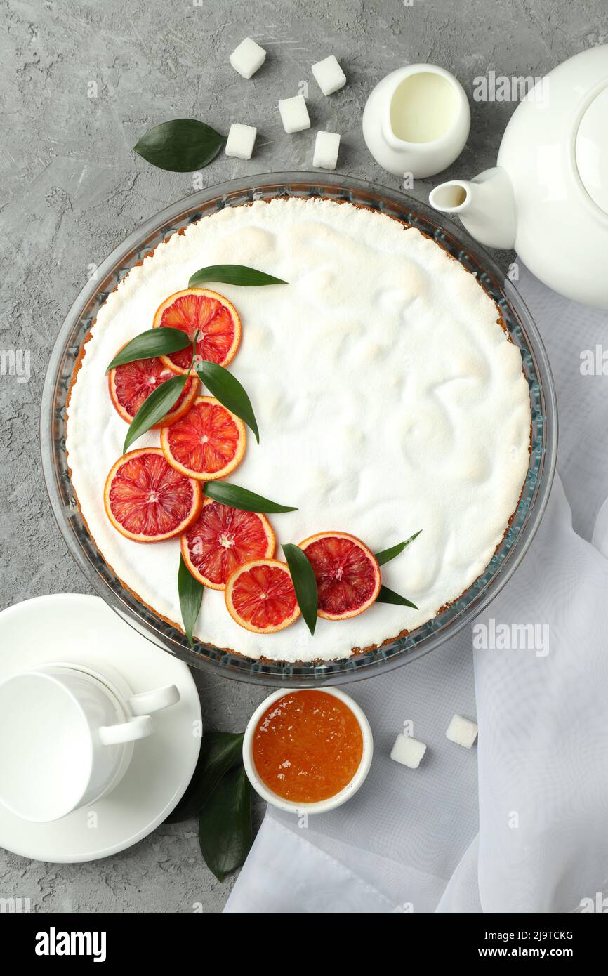 Concept of tasty dessert with meringue pie with citrus, top view Stock Photo