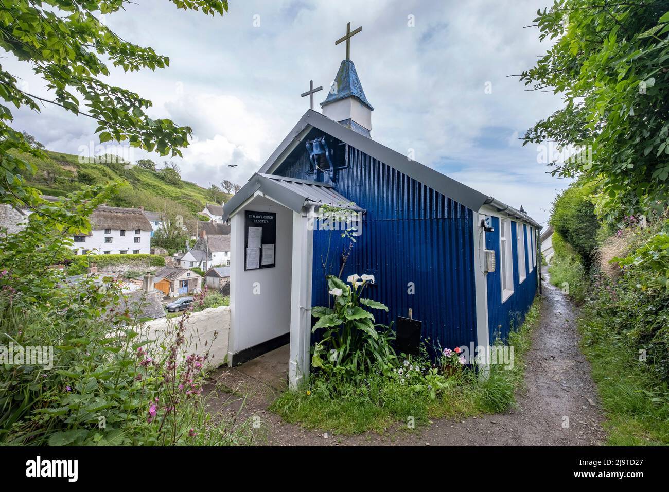 The old prefabricated blue structure of St Mary's Church in the village of Cadgwith, Cornwall Stock Photo
