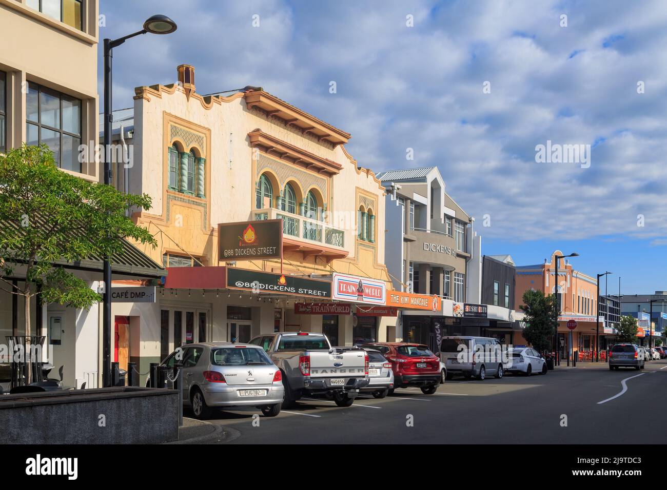Historic buildings on Dickens Street, Napier, New Zealand. In the foreground is the former Gaiety Theatre, a 1931 Art Deco building Stock Photo