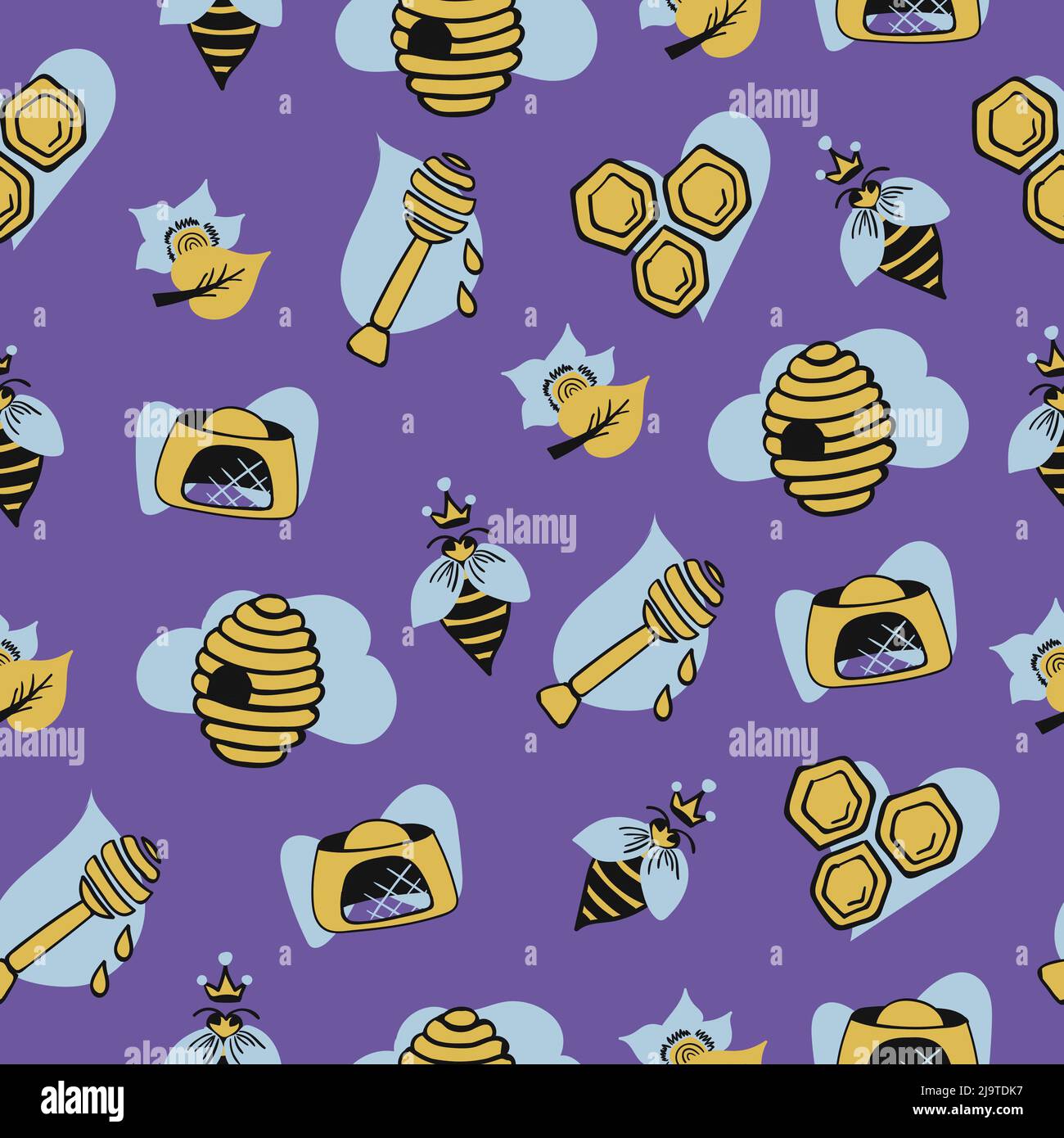 Beekeeping seamless pattern in yellow and blue shades Stock Vector