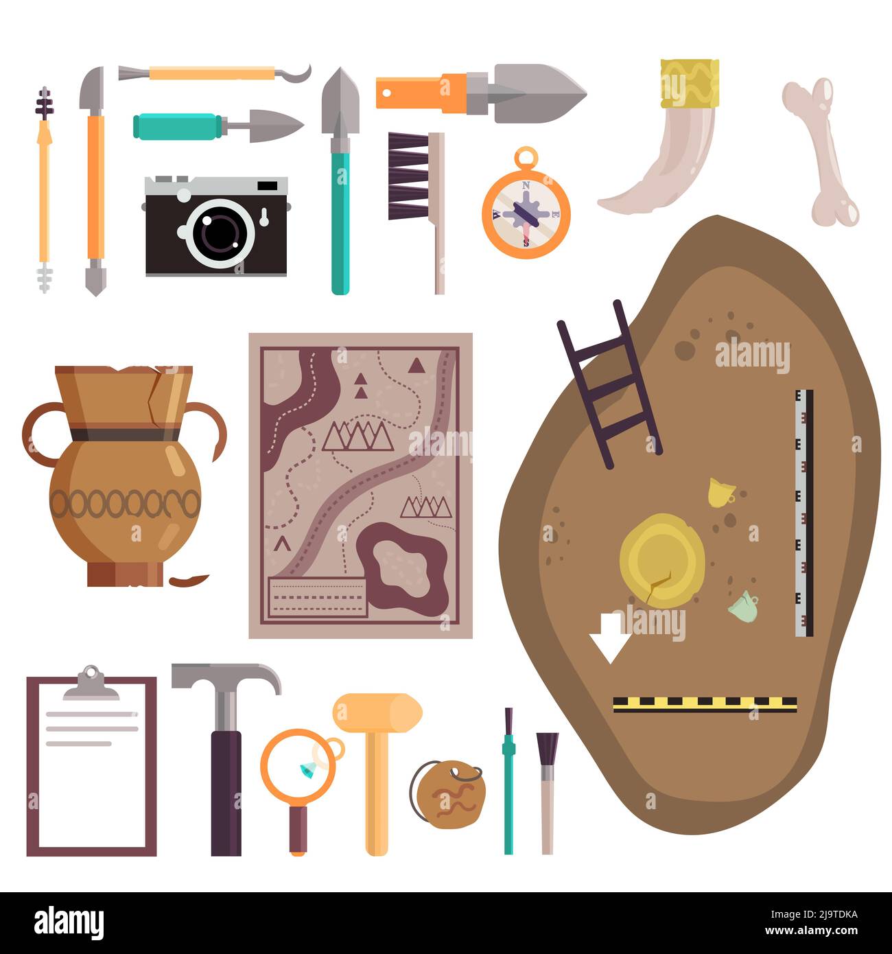 Archaeology icon set. Vector illustration of archaeological site, ancient artifacts, archaeological tools isolated on white background. Stock Vector