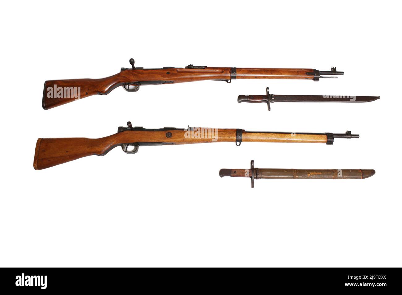 Two Versions on Japanese Arisaka Rifle of WW2. Top is early model and bottom is late war last ditch model Stock Photo