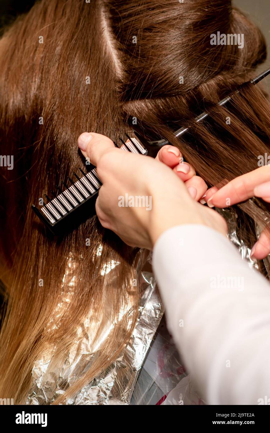 Hairdresser's hands prepare brown hair for dyeing with a comb and foil